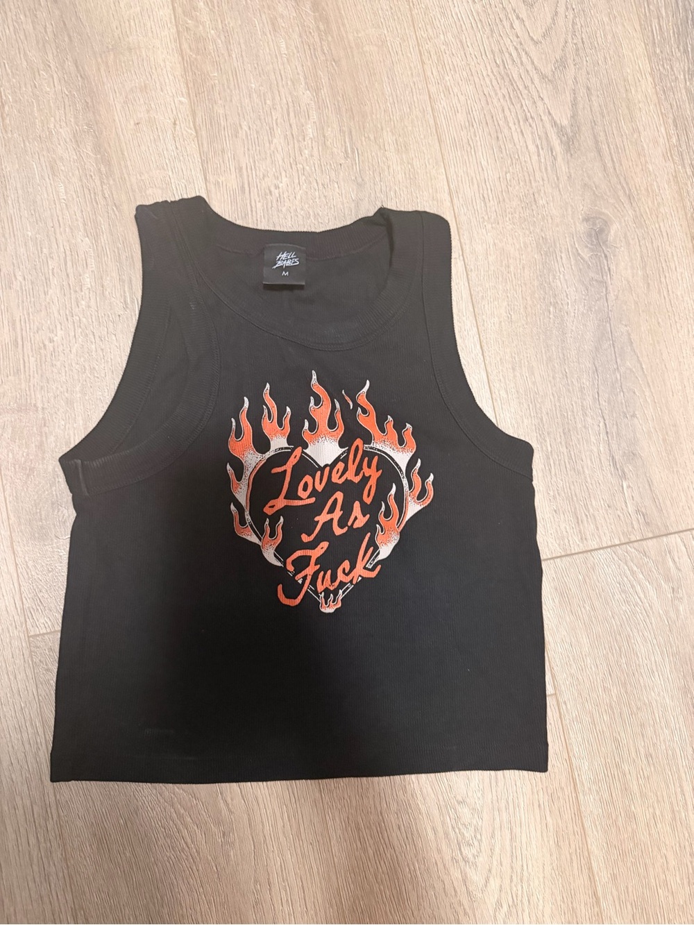 Black Cropped Graphic Tank Top with Orange Flame Script